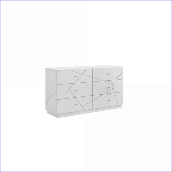 Dressers: Modern White Manhattan Dresser with Geometric Lacquer Finish & Red Velvet Drawers | White | Wood