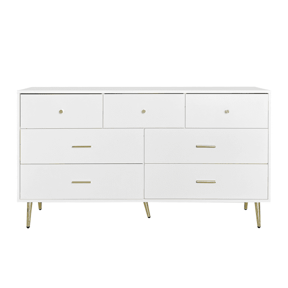 Dressers Seven Drawers Large Chest of Drawer Cabinet with Golden Handle and Golden Legs White Color,Chests Of Drawers