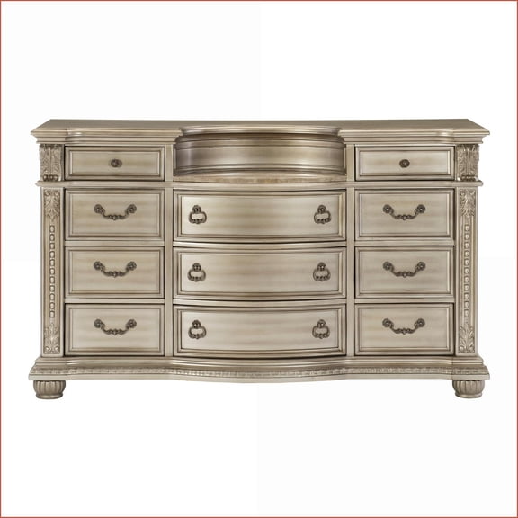 Dressers Traditional Old World European 11-Drawer Genuine Marble Top Silver Birch Veneer No Assembly | Silver | Wood