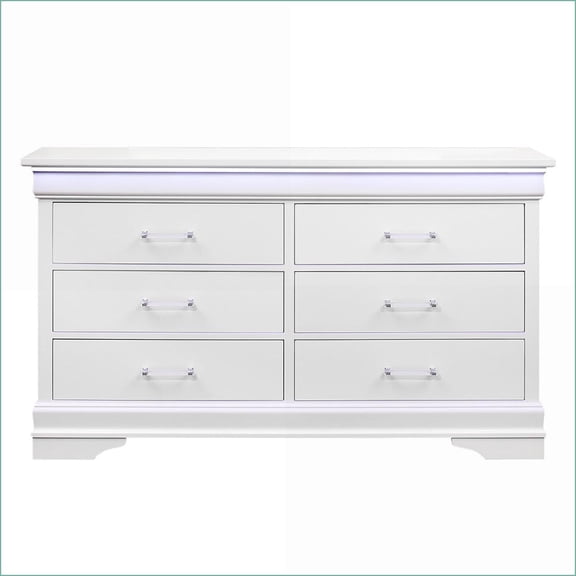 Dressers Transitional 6-Drawer Double Dresser with LED | White | Solid Wood+MDF