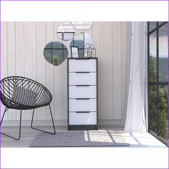 Dressers, Rustic-Contemporary 5-Drawer White/Light Oak Engineered Wood Dresser | White | Particle Board