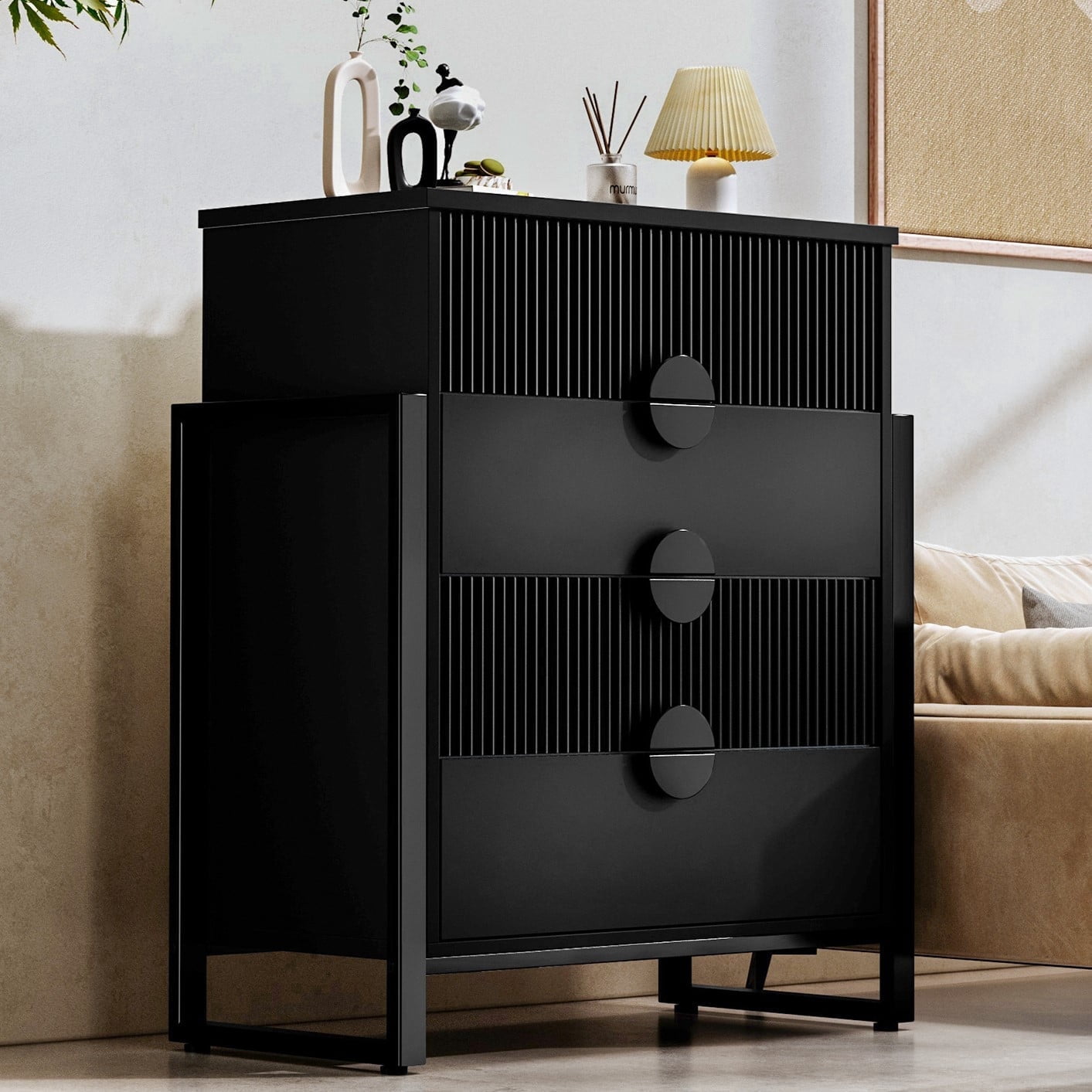Dressers for Bedroom, 4 Drawers Fluted Dresser with Metal Handles, Modern Chest of Drawers Storage Cabinet for Living Room, Entryway,Black
