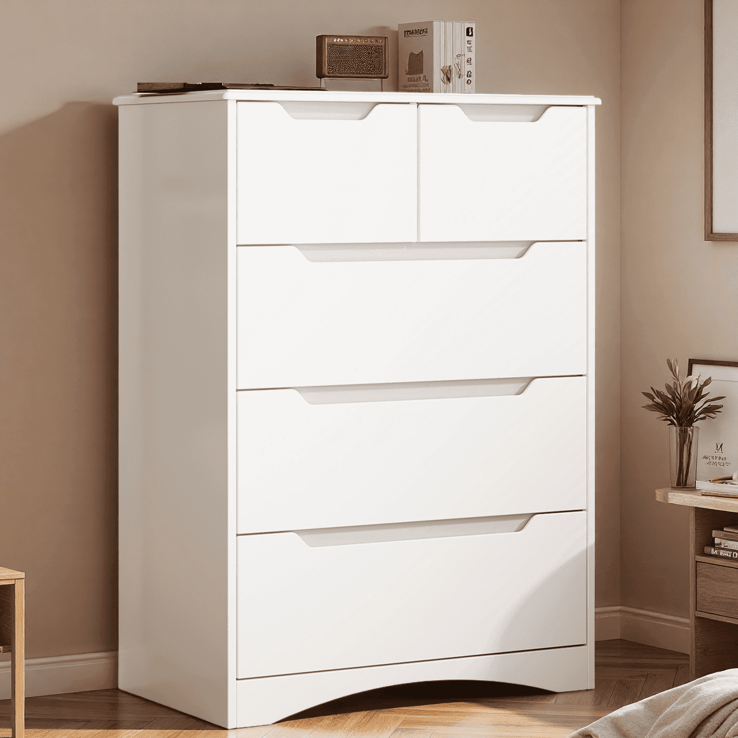 Dresser for Bedroom, Lofka 5 Drawers Dresser with Cutout Handles, Wood Storage Cabinet for Living Room, White
