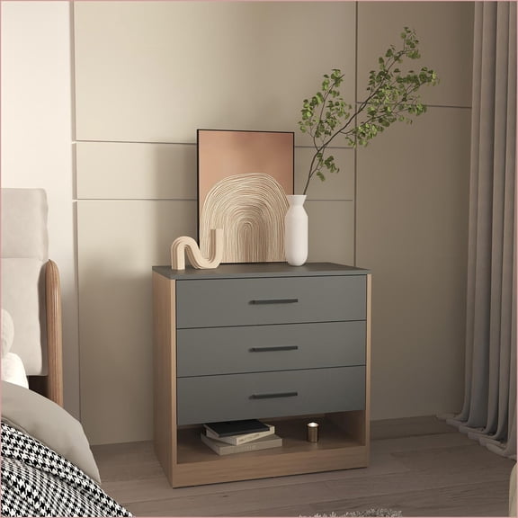 Dressers with 3 Drawers & 1 Open Shelf, Modern Matte Gray & Natural Oak | Engineered Wood | Matte Gray