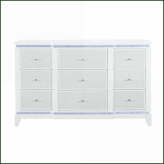 Dressers with 6 Drawers, LED Light, Glittered Fronts | White | Solid Wood+MDF