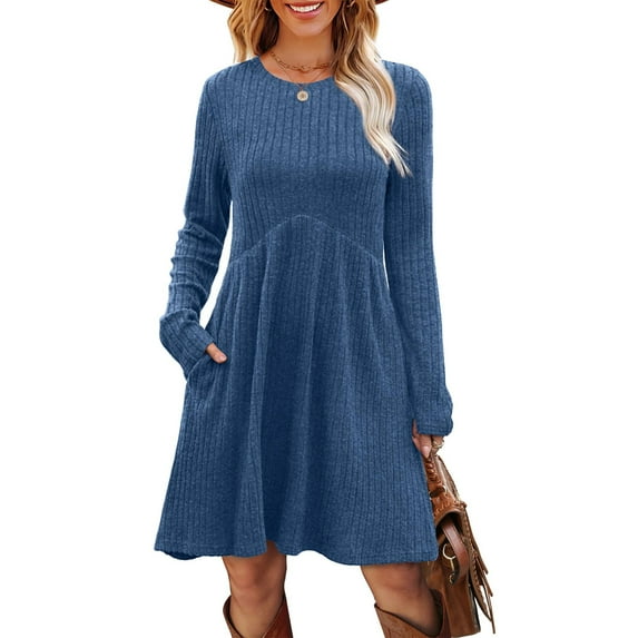 Dresses 2025 Woman Knitted Dress Slim Solid Color Simple Medium Long Style Long Sleeves Casual Elegant Temperament Trendy Holiday Mini Dress Blue L