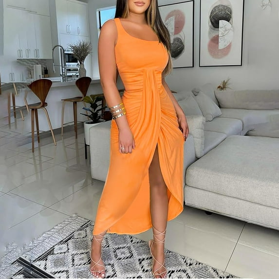 HWRETIE High-Slit Satin Evening Dress with Side Cutouts - Women's Summer Solid Strapless Long Dress Beach Split Dress Party Club Dress