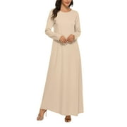 Dresses Casual Solid Muslim Dress Abaya Islamic Long Sleeve Dress Under Dress Holiday Dresses for Women Khaki M