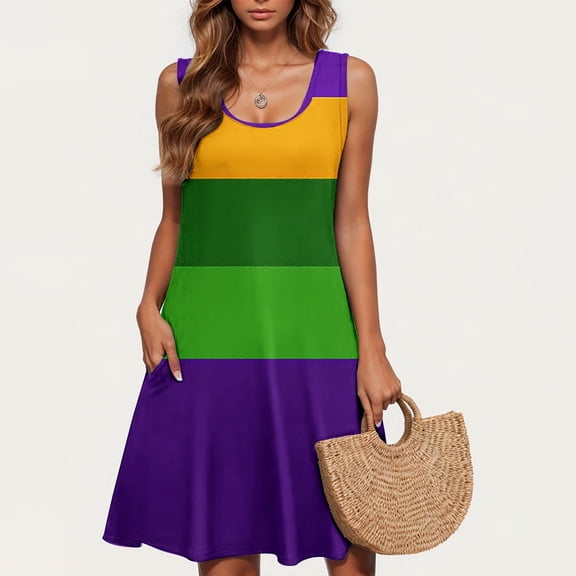 Dresses Xqxayjr Ladies Mardi Gras Sundresses with Pockets Flowy Swing Sleeveless Midi Tank Graduation Dress Knee Length Summer Casual Carnival Parade Party Scoop Neck Spring Dresses