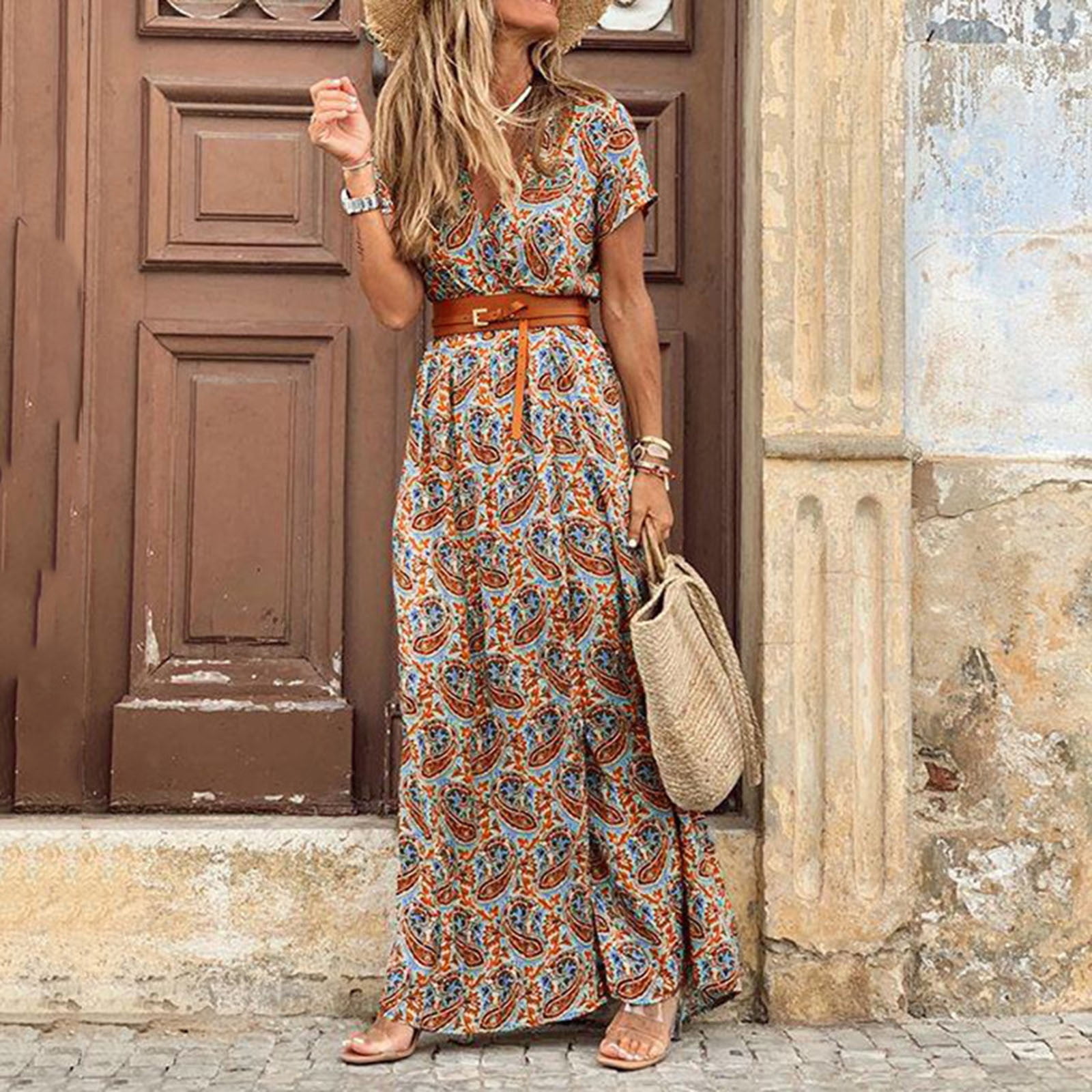 Dresses Dresses for Women Short Sleeve Dresses Adjustable Waist Dresses V Neck Casual Dresses Loose Maxi Dress Lightweight Shirt Dress Summer Dresses Floral Sundress Soft Beach Dress Walmart