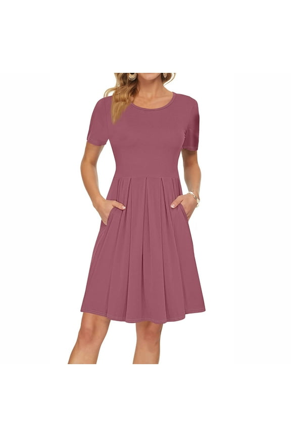 Dresses, Elegant Pleated Casual Tshirt Dress With Pockets Short Sleeve Knee Length Summer 2025 Easter Wedding Guest Daily Boho Sundresses Mother Of Bride Dresses Clothes (M, Light pink) ZMTing