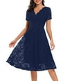thumbnail image 1 of Dresses, Elegant V Neck Sheer Floral Lace Swing Formal Dress Wedding Guest Summer Party Casual Daily Cotton Mid-Length Bohemian Short Sleeve 2025 Cocktail Dresses Clothes (L, Navy) ZMTing, 1 of 2