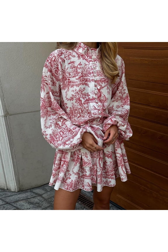 Dresses,Floral Print A-Line Short Dress,Retro Puff Long Sleeve with Stand Collar & Tie Waist (5 Colors)