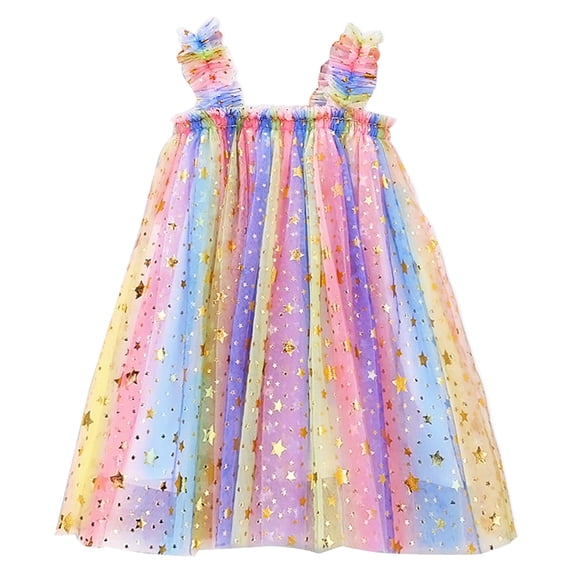 Dresses For Girls Casual Size 4 Years-5 Years Sleeveless Rainbow Tie Dyed Star Sequin Tulle Ruffles Princess Dress Dance Party Dresses Maxi Dress