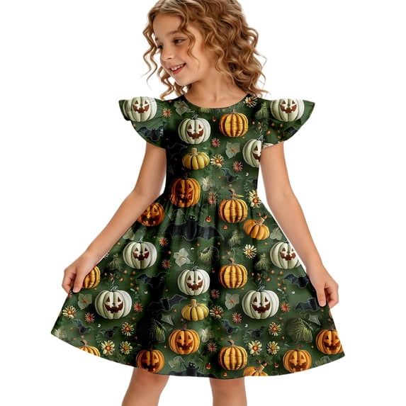 Dresses For Girls Halloween Pumpkin Pattern Round Neck Flowy Sundress Fall Casual Halloween Wear for Girls Ages 6–14