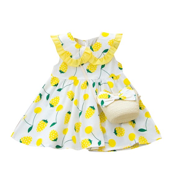 Dresses For Girls Kids Outfits Set Casual Princess Baby Toddler Strawberry Bag Print Dress 3 Years-4 Years