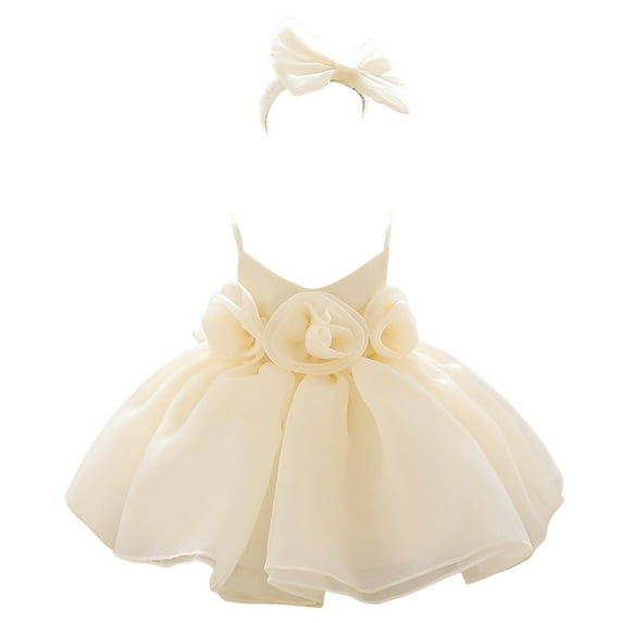 Dresses For Girls Party Princess Dress Sleeveless Solid Color Flower Birthday Party Dress With Headband Toddler Dress Beige 3 Months-6 Months