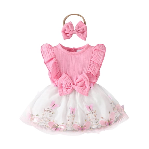 Dresses For Girls Ruffle Sleeve Romper Dress Infant Jumpsuit Tutu Skirt Set Newborn Princess Tutu Dresses Headband Outfit Pink,12-18 Months