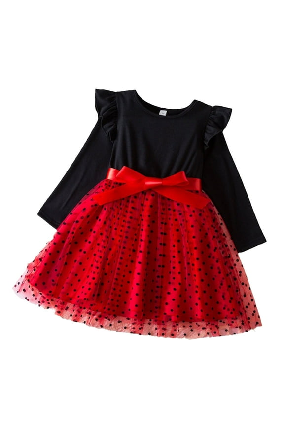 Dresses For Girls Size 12 Valentine's Day Long Sleeve Point Prints Bowknot Dresses Birthday Dress with Tutu Skirt,2-3 Years