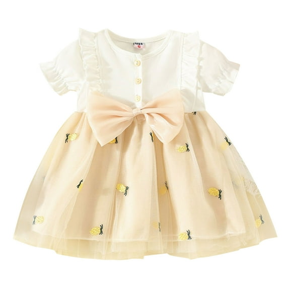 Dresses For Toddler Girls Short Sleeve Bowknot Fruits Prints Dress Dance Princess Summer Party Dresses Clothes,White,12-18 Months