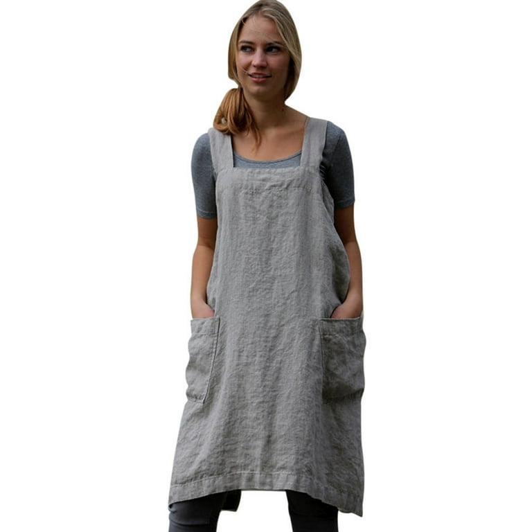Dresses For Women 2023 Cotton Linen Pinafore Square Cross Apron Garden Work Pinafore Dress