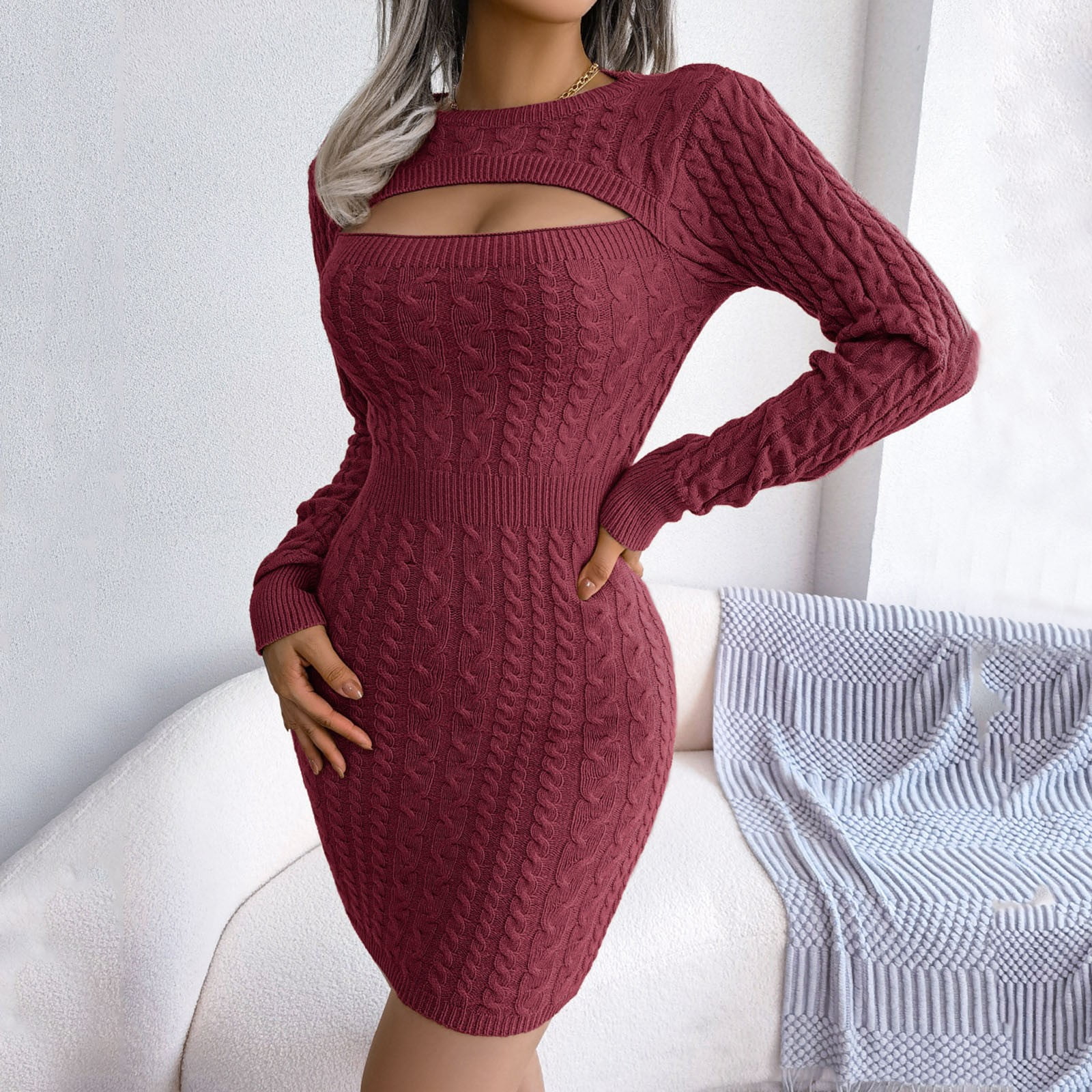 Floerns Women's Ribbed Knit Long Sleeve Bodycon Sweater Dress - Solid Color, Non-Stretch