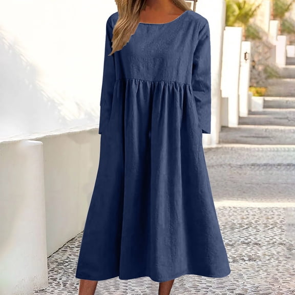 Dresses For Women 2023 Solid Color Long Sleeved Round Neck Dress With Pocket Up to 65% off