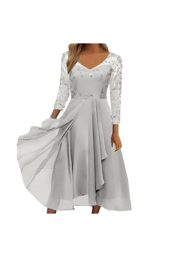 Dresses For Women 2023 Wedding Guest, Women Sexy Solid Long Sleeve Round Neck Lace Chiffon Mesh Waist Party Dresses Gray XXXL