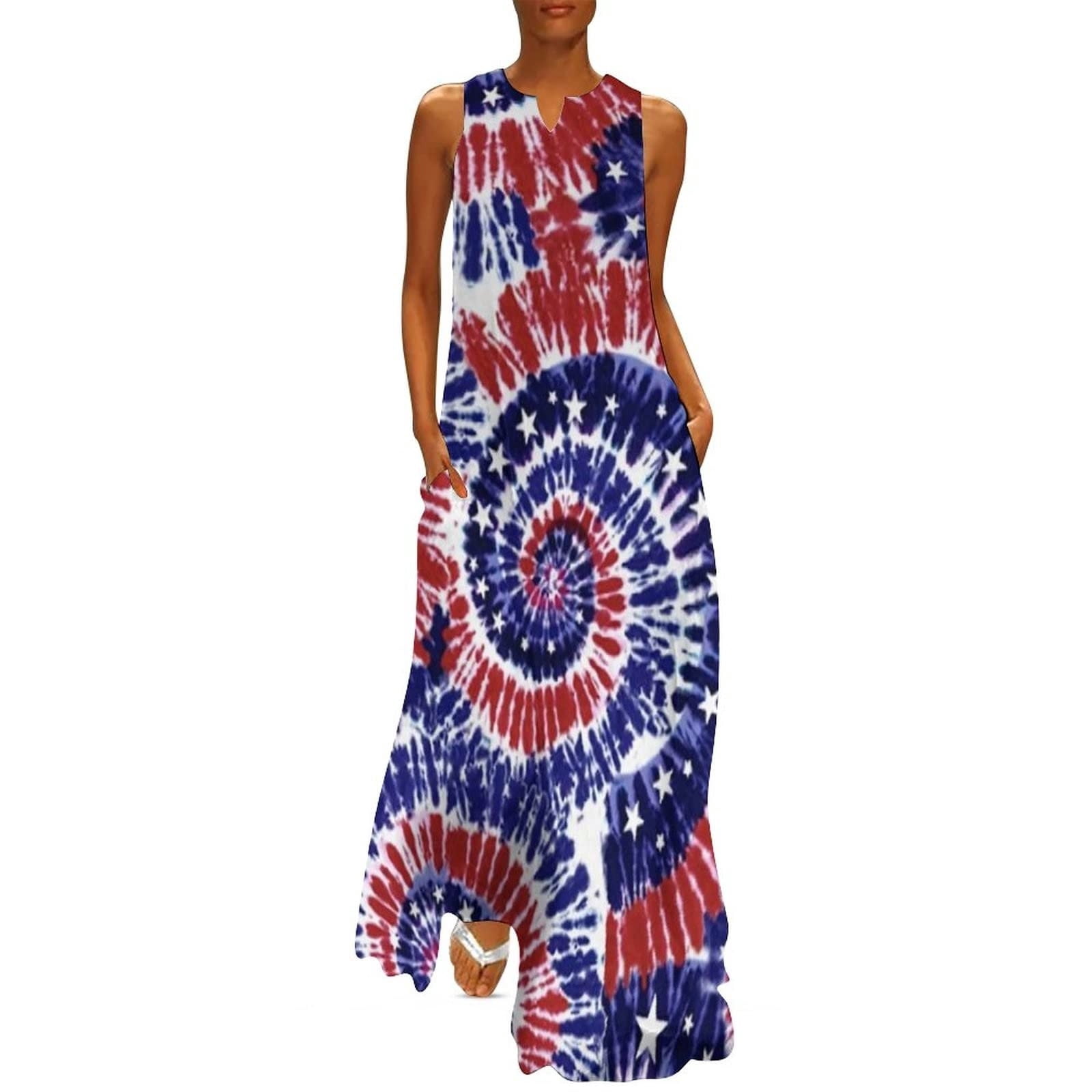 Summer Savings!4th of July Dresses for Women 2024,Patriotic Us Flag Print Memorial Day Sleeveless Dresses for Women,Women V-Neck Sleeveless Summer Evening Party Printing Ladies Pocket Vest Long Dress