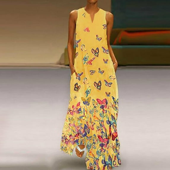 Dresses For Women 2024 Women Plus Size Butterfly Print Daily Sleeveless Vintage Boho V Neck Maxi Dress Yellow