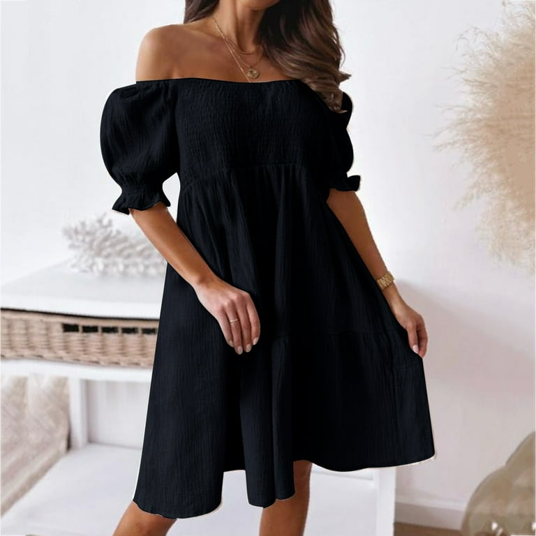 Dresses For Women 2024 Womens Bohemian Summer Off Shoulder Cute Dress Puff Sleeve Ruffle Flowy Beach Midi Dress Black Walmart