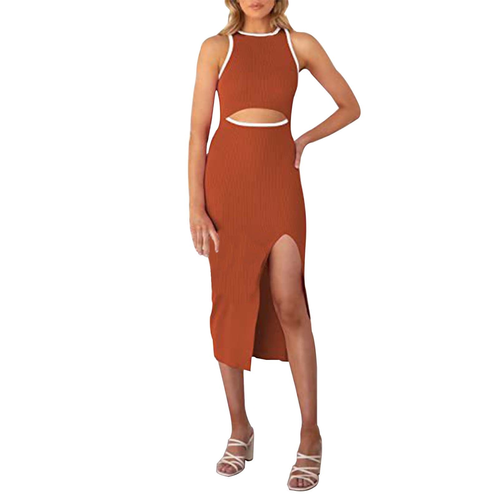 Dresses For Women 2024 Casual Cut Out Mid Length Crew Neck Sleeveless