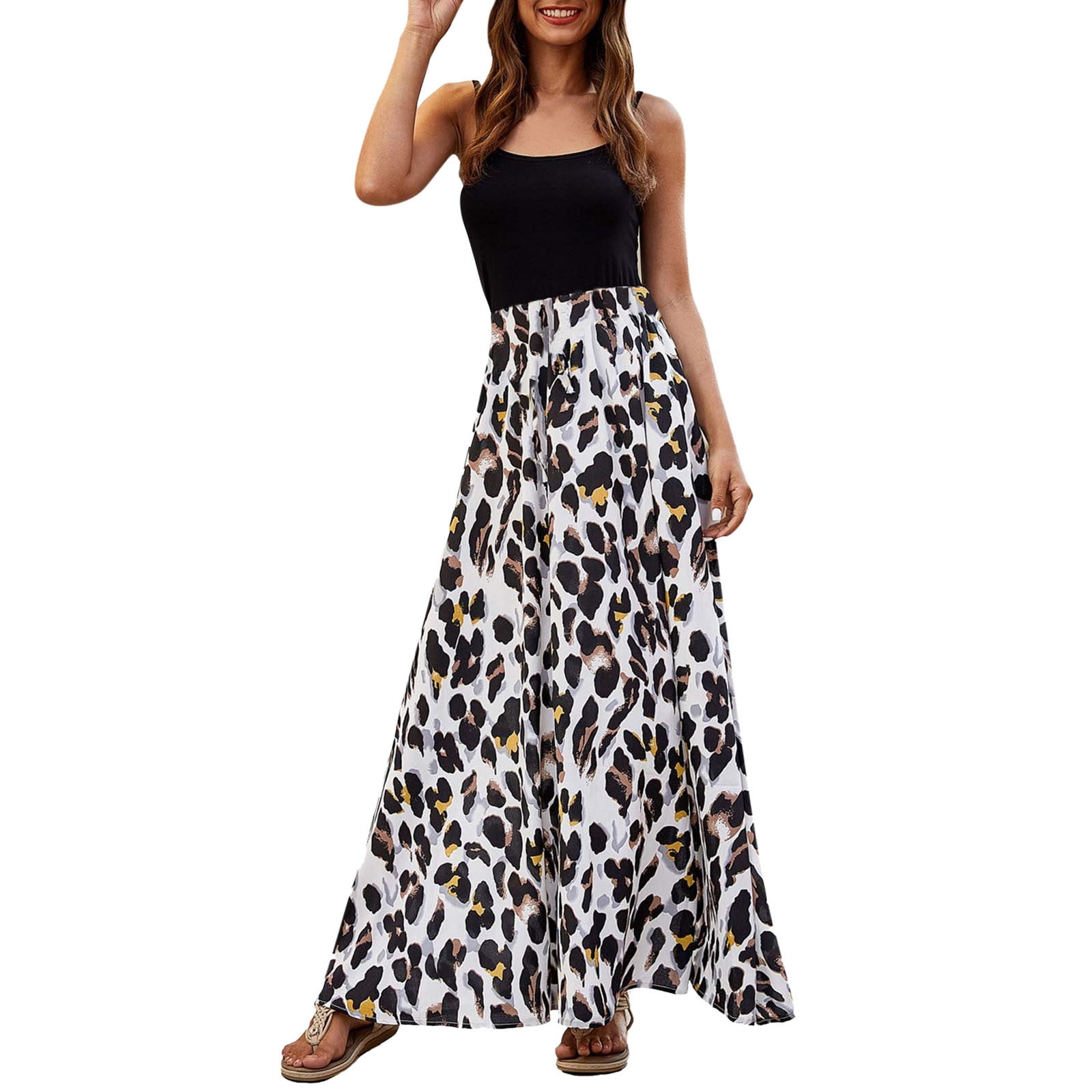Dresses For Women 2024 Casual Summer Leopard Print Long Pleated Elastic