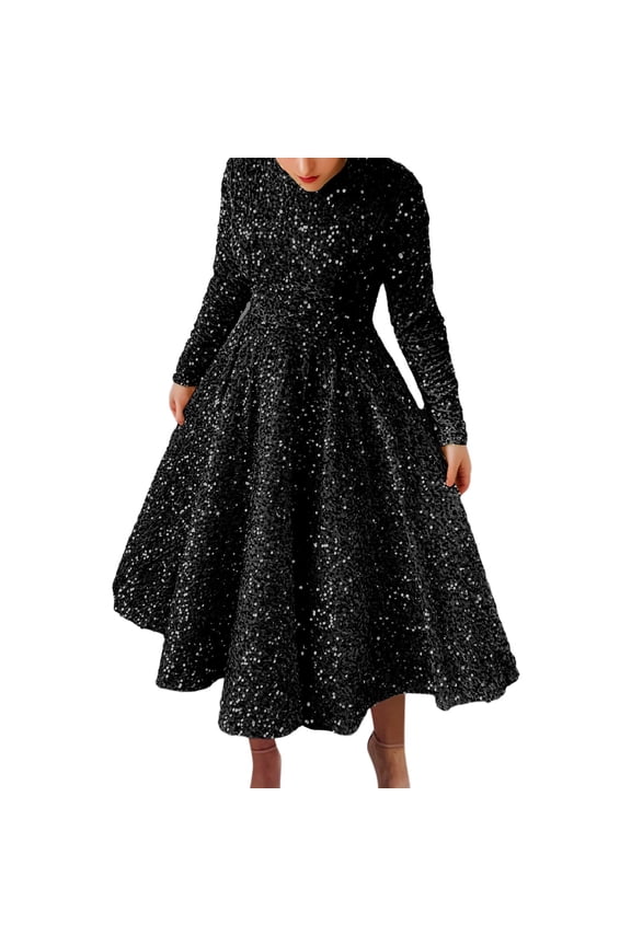 Dresses For Women 2024 Elegant Sequin Dress Long Dresses Dress Round Neck Long Sleeve Velvet Sparkly Pleated Dress Boho Dresses