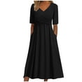 thumbnail image 1 of Dresses For Women 2024 Elegant V Neck Pleated Loose Vintage Elbow Length Mid Length Beach Vacation Sun Dress, 1 of 7