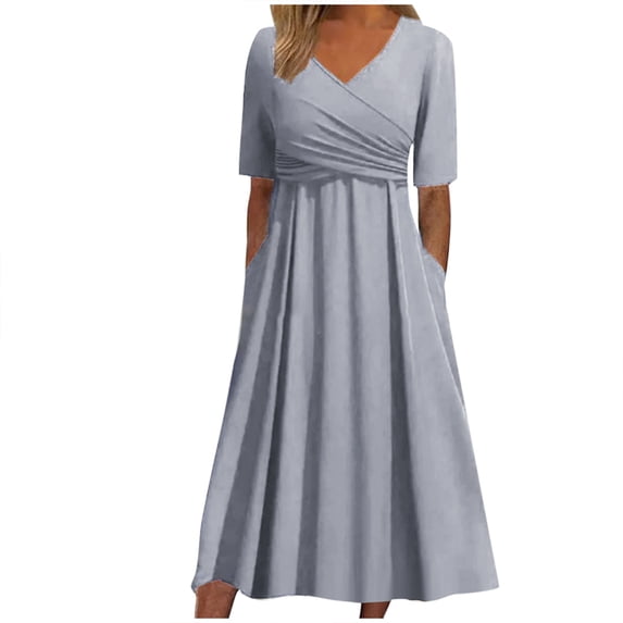 Dresses For Women 2024 Elegant V Neck Pleated Loose Vintage Elbow Length Mid Length Beach Vacation Sun Dress