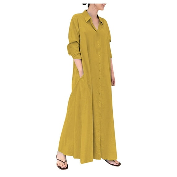 Dresses For Women 2024 Linen Solid Color Lapel Long Sleeve Pocket Relaxed Collared Ankle Length Beach Vacation Sundress