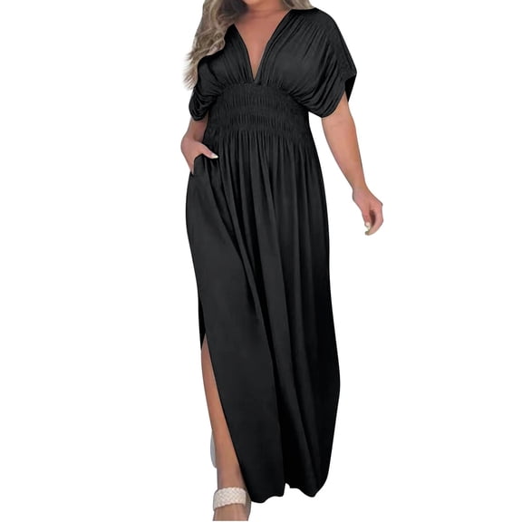 Dresses For Women 2024 Wedding Guest Slit V Neck Maxi Long Effortless Maxi Long Slit Lightweight Spring Beach Vacation Sundress
