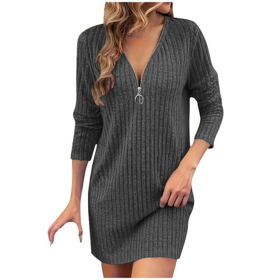Dresses For Women 2025 Sevevn Womens Knit Sweater Dress Half Zip Long Sleeve Bodycon V Neck Mini Dresses