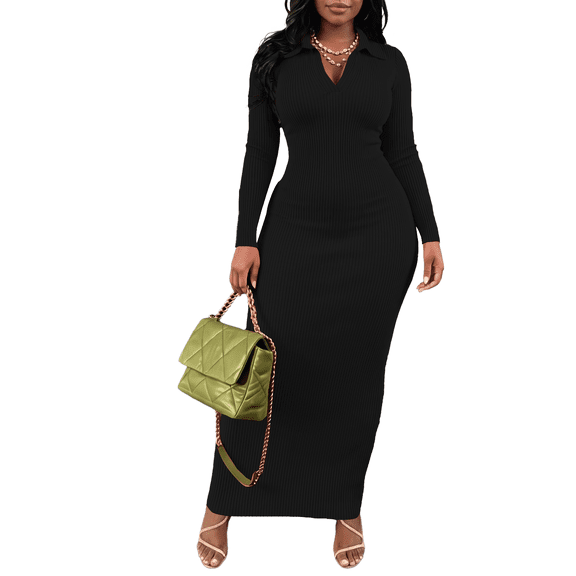 Dresses For Women Bodycon Maxi Dress Casual Long Sleeve V Neck Long Dresses Sundress Black L