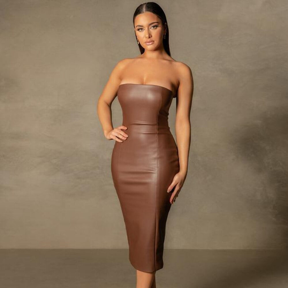 strapless vegan leather maxi dress in brown Cognac Shirred Faux Leather Strapless Midi Dress main image 0
