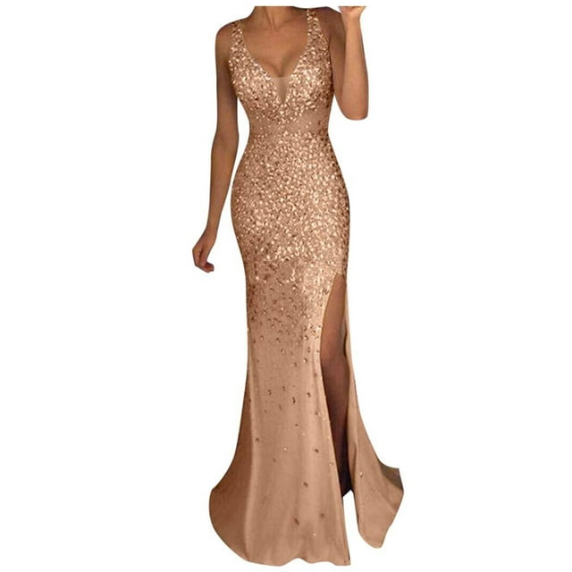 Dresses For Women Long Gold Party Ball Bridesmaid Sequin V Neck Evening ...
