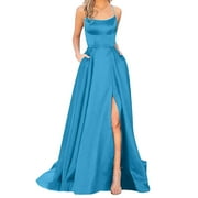 AZZAKVG Dresses For Women Party Casual Prom Ladies Long Elegant Halter Backless DressesCrisn Satin Spaghetti Dress Side Slit Wedding Evening With Pockets Blue