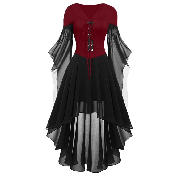 Dresses For Women Plus Size Fashion Gothic Vintage Midi Dress Croset Long Flare Sleeve Irregular Length Dress Short Sleeve Chiffon Dress Party Dress