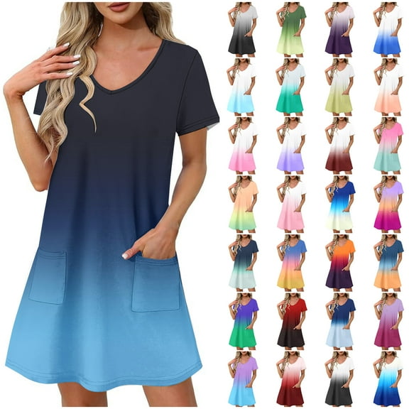 Dresses For Women Plus Size Short Sleeve V-Neck Sundresses Casual A-Line Flowy Beach Vacation Midi Dresses Blue XXL