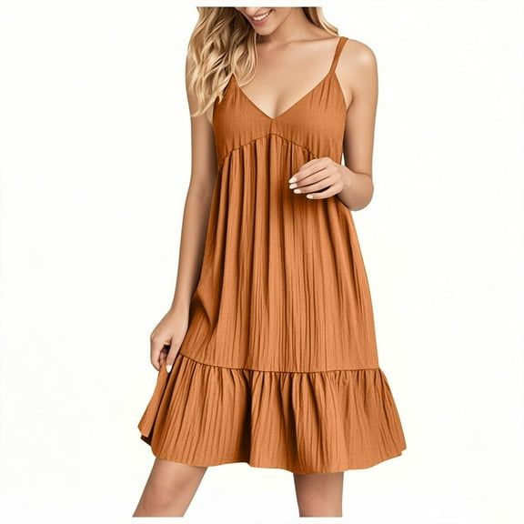 Dresses For Women Sevevn Ladies' Summer V-Neck Strap Solid Color Dress Sundresses For Women 2025