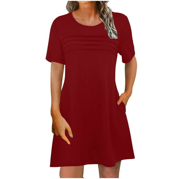 Dresses For Women Sevevn Woman Fashion Comfortable Summer Solid Color Short Sleeve Round-Neck Dress