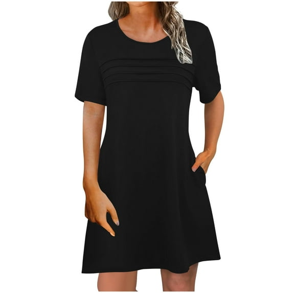 Sevevn Woman Fashion Comfortable Summer Solid Color Short Sleeve Round-Neck Dress Black S