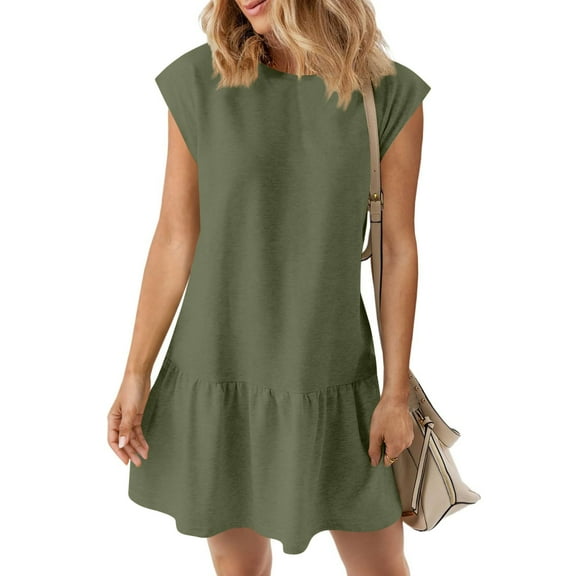 Dresses For Women Sevevn Women Fashion Solid Color Fold Short Sleeve Round-Neck Dress