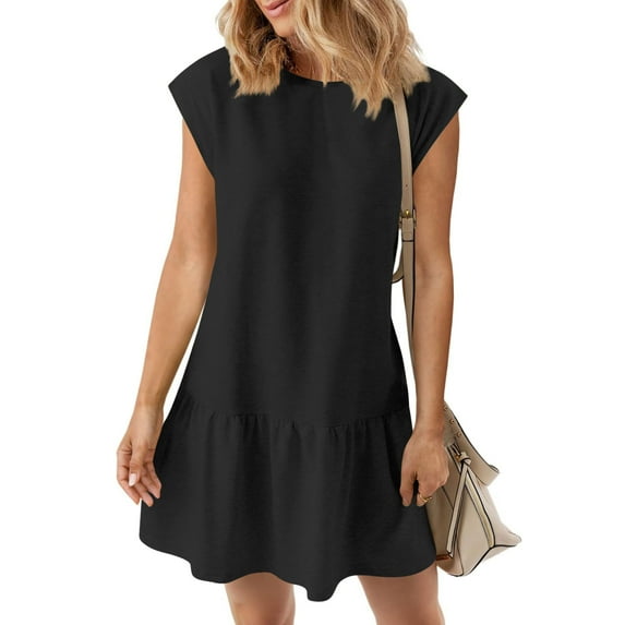 Dresses For Women Sevevn Women Fashion Solid Color Fold Short Sleeve Round-Neck Dress